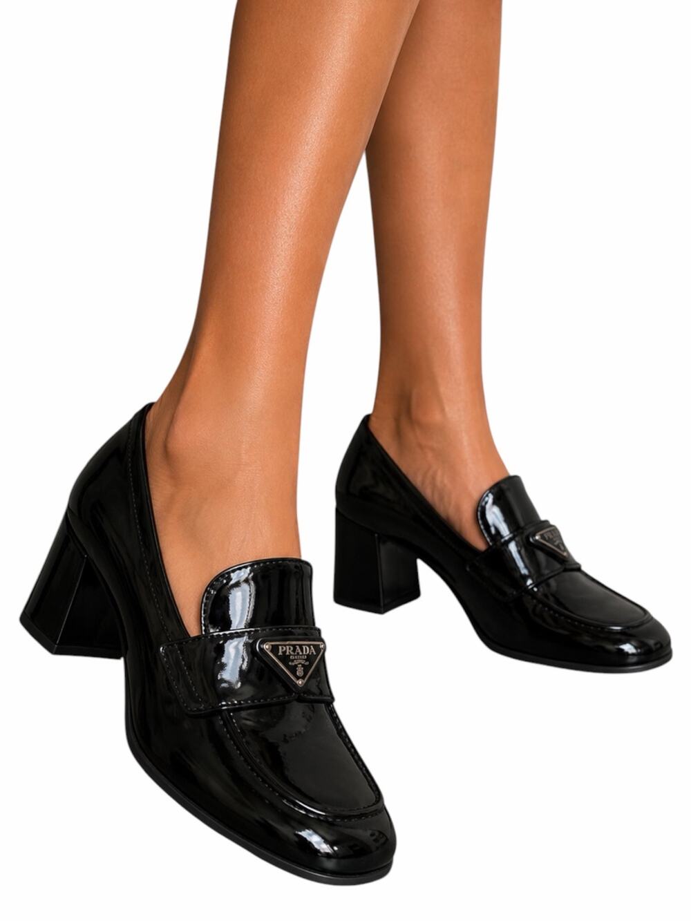 Prada Patent Square Front Enamel Logo Loafer Pump Black Size 37.5